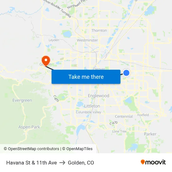 Havana St & 11th Ave to Golden, CO map