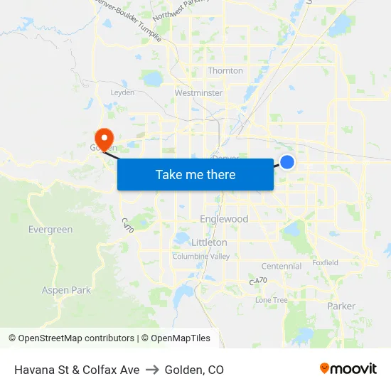 Havana St & Colfax Ave to Golden, CO map