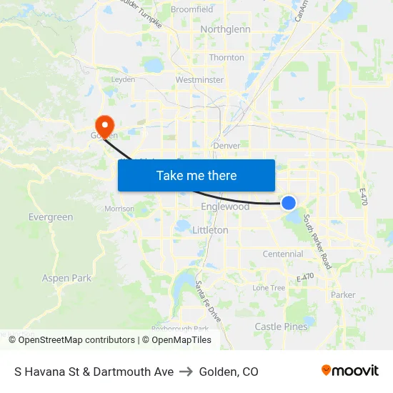 S Havana St & Dartmouth Ave to Golden, CO map
