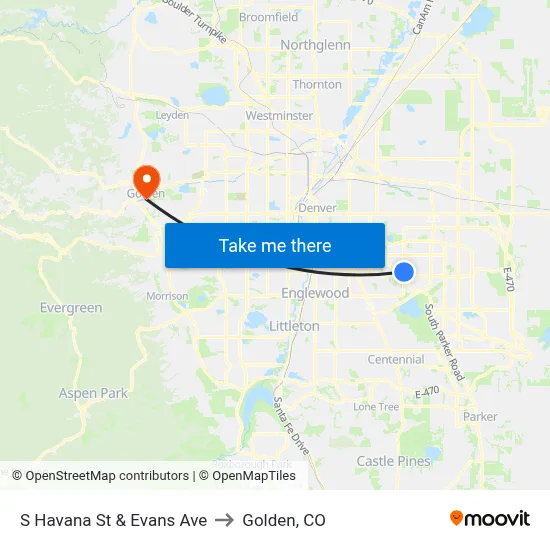 S Havana St & Evans Ave to Golden, CO map