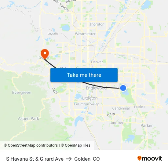 S Havana St & Girard Ave to Golden, CO map