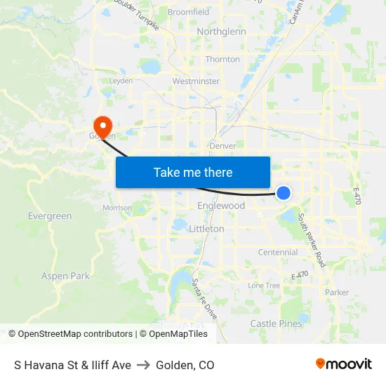 S Havana St & Iliff Ave to Golden, CO map