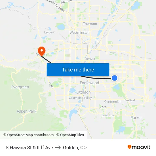 S Havana St & Iliff Ave to Golden, CO map