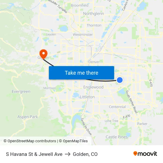S Havana St & Jewell Ave to Golden, CO map