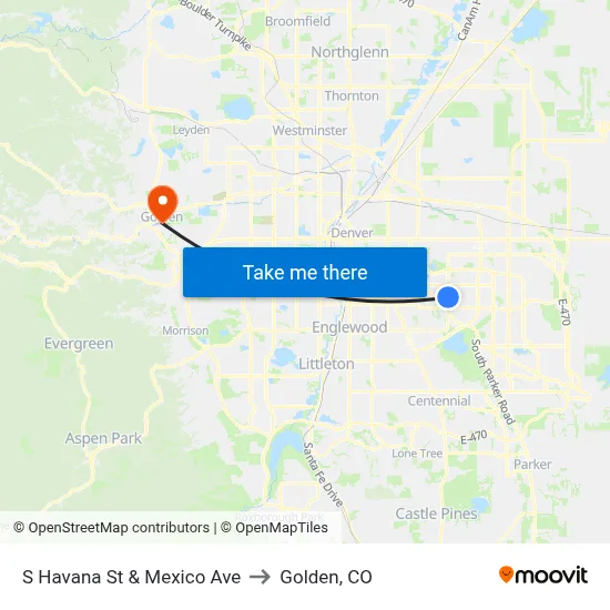 S Havana St & Mexico Ave to Golden, CO map