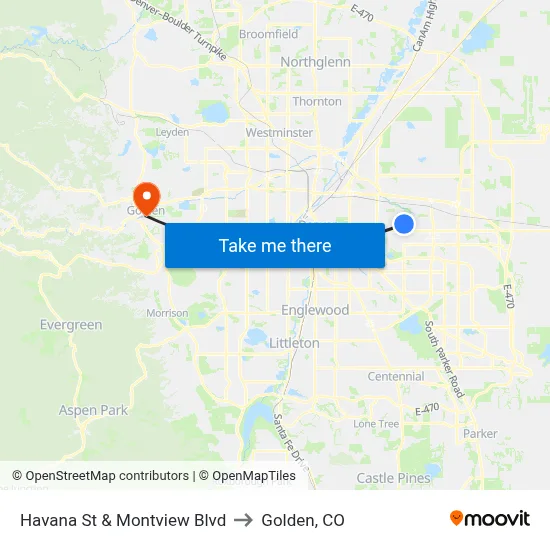 Havana St & Montview Blvd to Golden, CO map