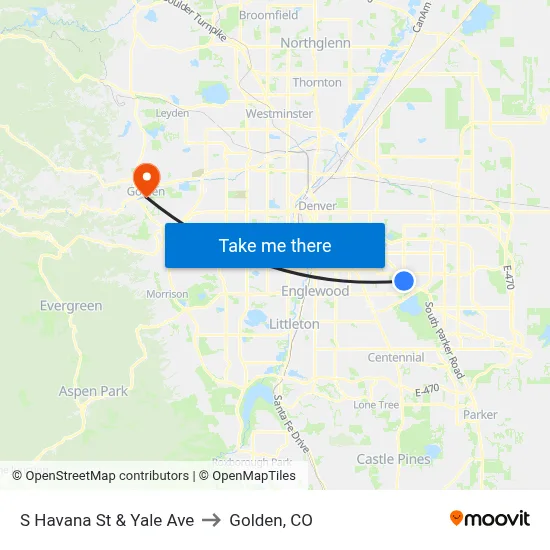 S Havana St & Yale Ave to Golden, CO map
