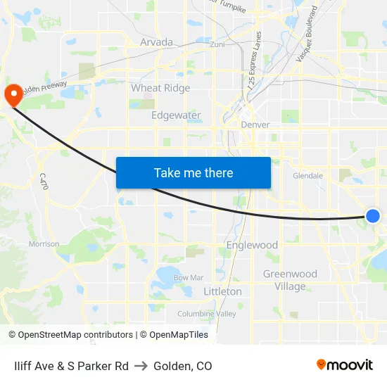 Iliff Ave & S Parker Rd to Golden, CO map