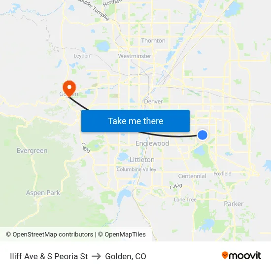 Iliff Ave & S Peoria St to Golden, CO map