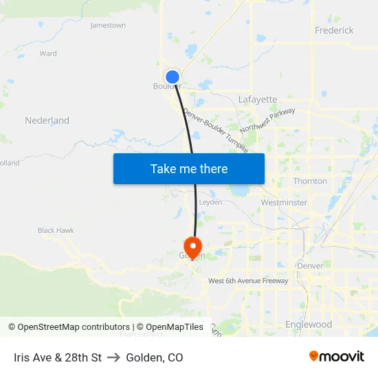 Iris Ave & 28th St to Golden, CO map
