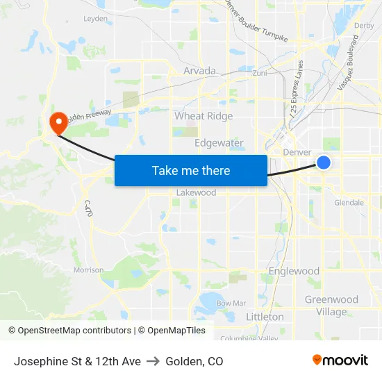 Josephine St & 12th Ave to Golden, CO map