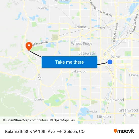 Kalamath St & W 10th Ave to Golden, CO map