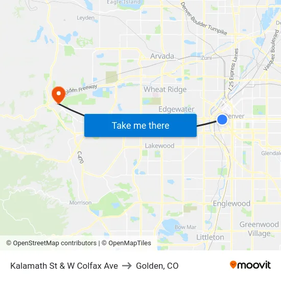 Kalamath St & W Colfax Ave to Golden, CO map
