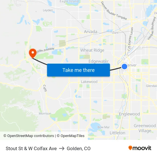 Stout St & W Colfax Ave to Golden, CO map