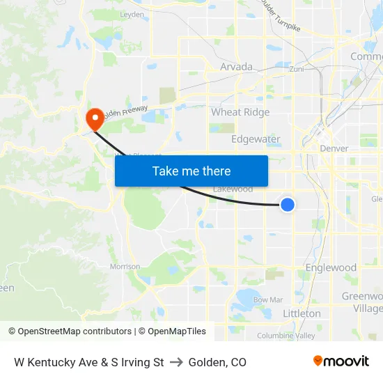 W Kentucky Ave & S Irving St to Golden, CO map