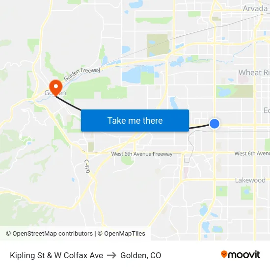 Kipling St & W Colfax Ave to Golden, CO map