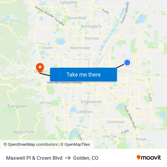 Maxwell Pl & Crown Blvd to Golden, CO map