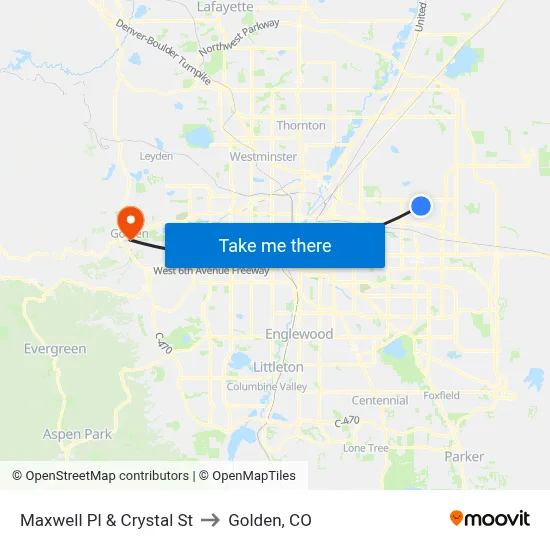 Maxwell Pl & Crystal St to Golden, CO map