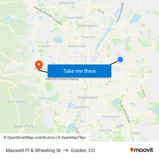Maxwell Pl & Wheeling St to Golden, CO map