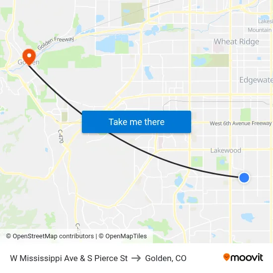 W Mississippi Ave & S Pierce St to Golden, CO map