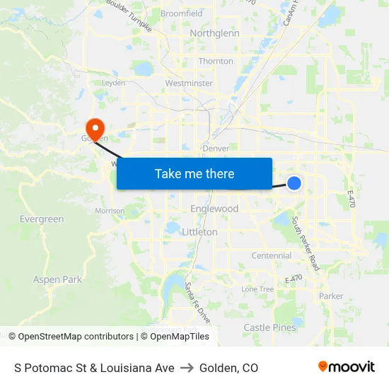 S Potomac St & Louisiana Ave to Golden, CO map