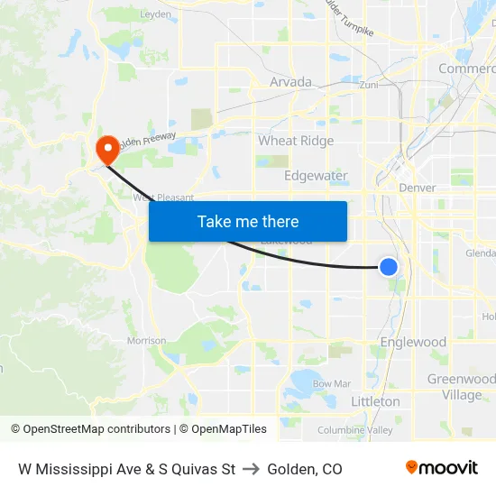 W Mississippi Ave & S Quivas St to Golden, CO map