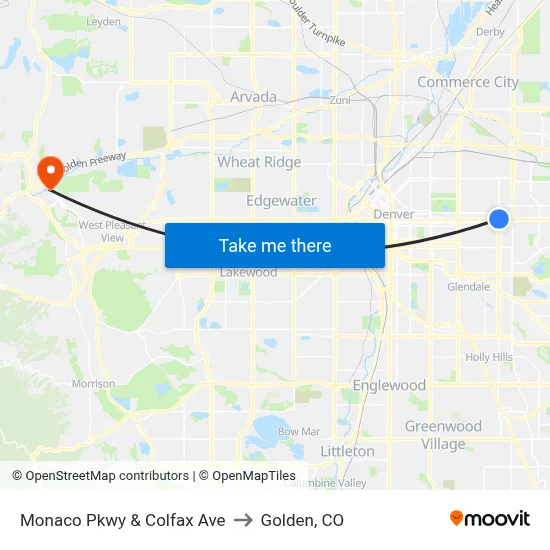 Monaco Pkwy & Colfax Ave to Golden, CO map