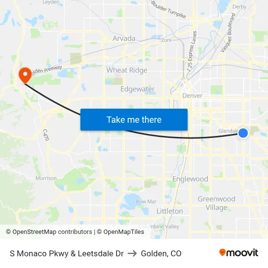 S Monaco Pkwy & Leetsdale Dr to Golden, CO map
