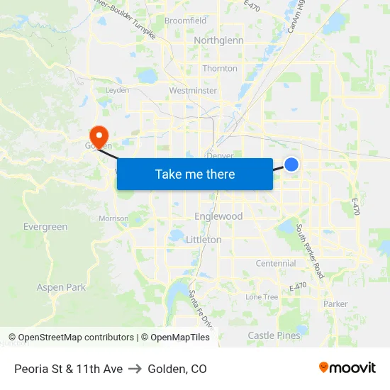 Peoria St & 11th Ave to Golden, CO map