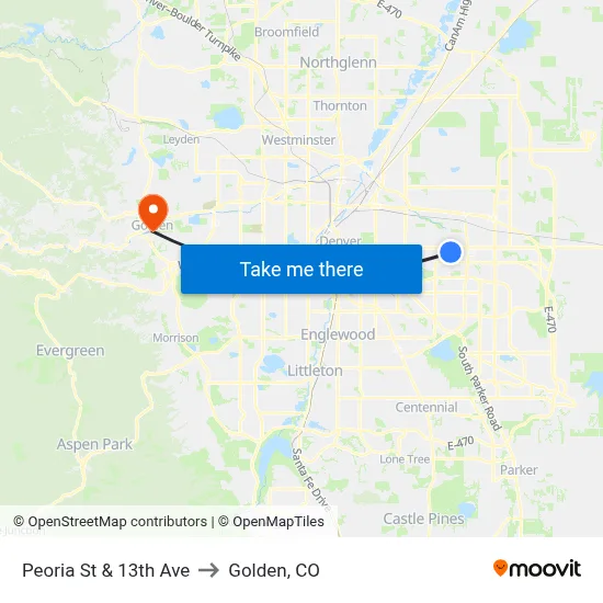 Peoria St & 13th Ave to Golden, CO map