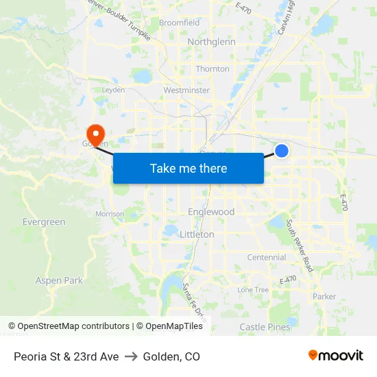 Peoria St & 23rd Ave to Golden, CO map