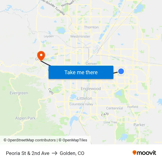 Peoria St & 2nd Ave to Golden, CO map