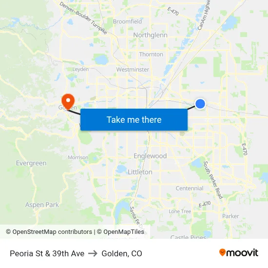 Peoria St & 39th Ave to Golden, CO map