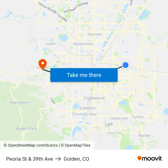 Peoria St & 39th Ave to Golden, CO map