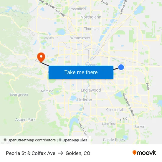 Peoria St & Colfax Ave to Golden, CO map