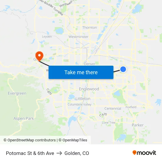 Potomac St & 6th Ave to Golden, CO map