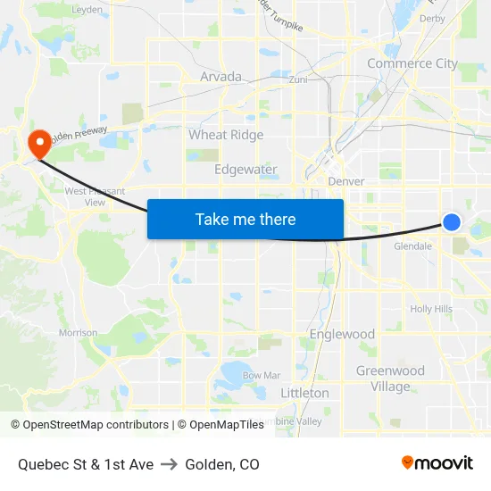 Quebec St & 1st Ave to Golden, CO map