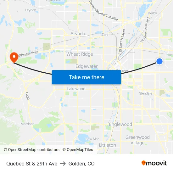 Quebec St & 29th Ave to Golden, CO map