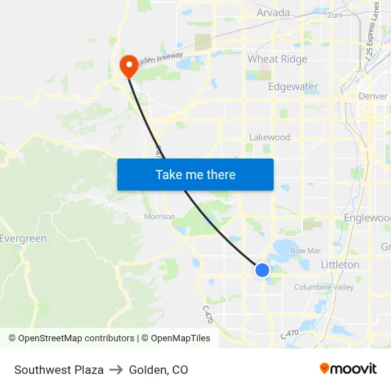 Southwest Plaza to Golden, CO map