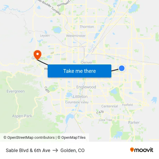 Sable Blvd & 6th Ave to Golden, CO map