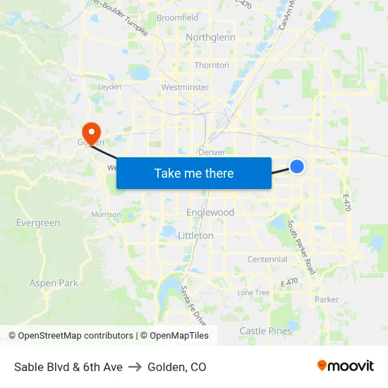Sable Blvd & 6th Ave to Golden, CO map