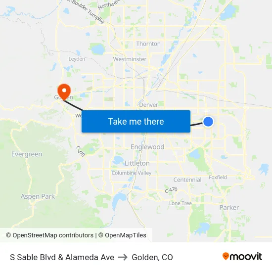 S Sable Blvd & Alameda Ave to Golden, CO map