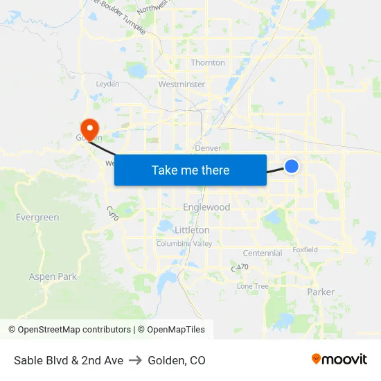 Sable Blvd & 2nd Ave to Golden, CO map