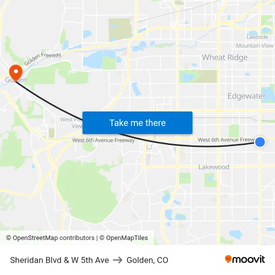 Sheridan Blvd & W 5th Ave to Golden, CO map
