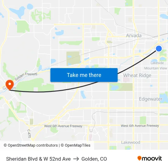 Sheridan Blvd & W 52nd Ave to Golden, CO map