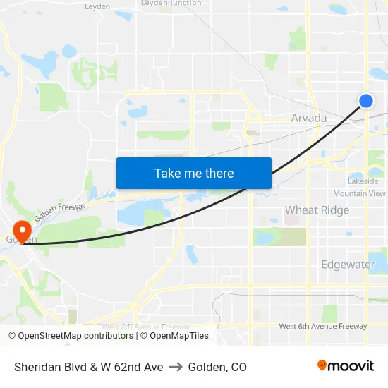 Sheridan Blvd & W 62nd Ave to Golden, CO map
