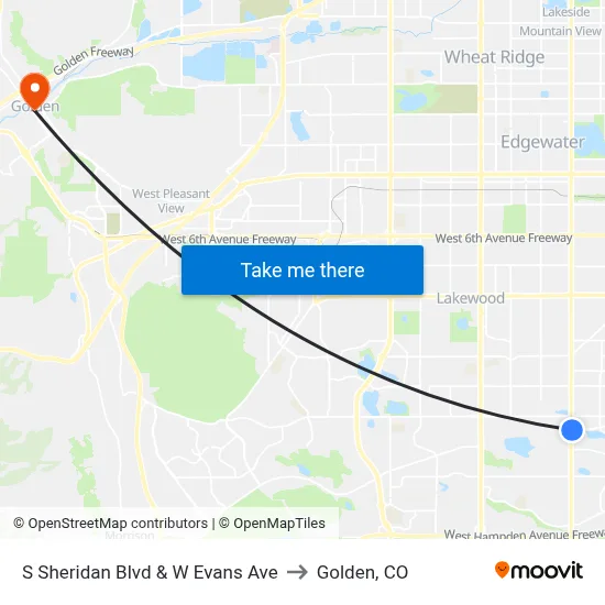 S Sheridan Blvd & W Evans Ave to Golden, CO map