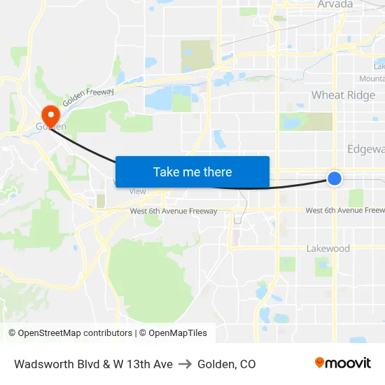 Wadsworth Blvd & W 13th Ave to Golden, CO map