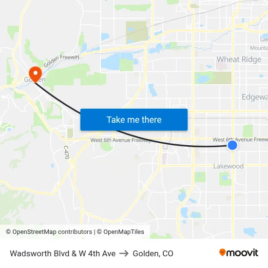 Wadsworth Blvd & W 4th Ave to Golden, CO map