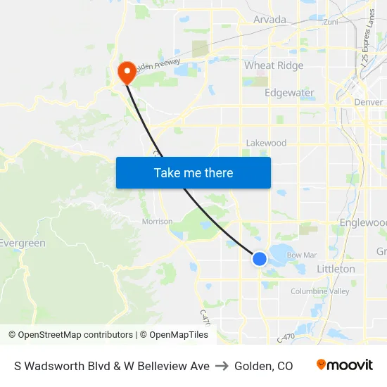 S Wadsworth Blvd & W Belleview Ave to Golden, CO map